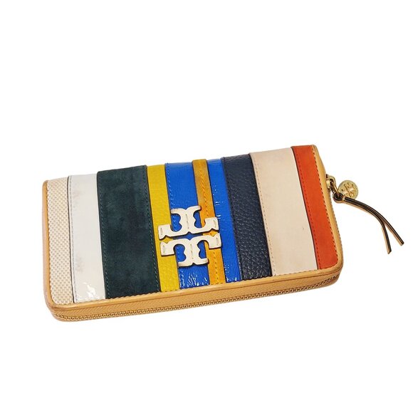 Tory Burch Striped Mixed Media Zip Around Wallet - Picture 1 of 13